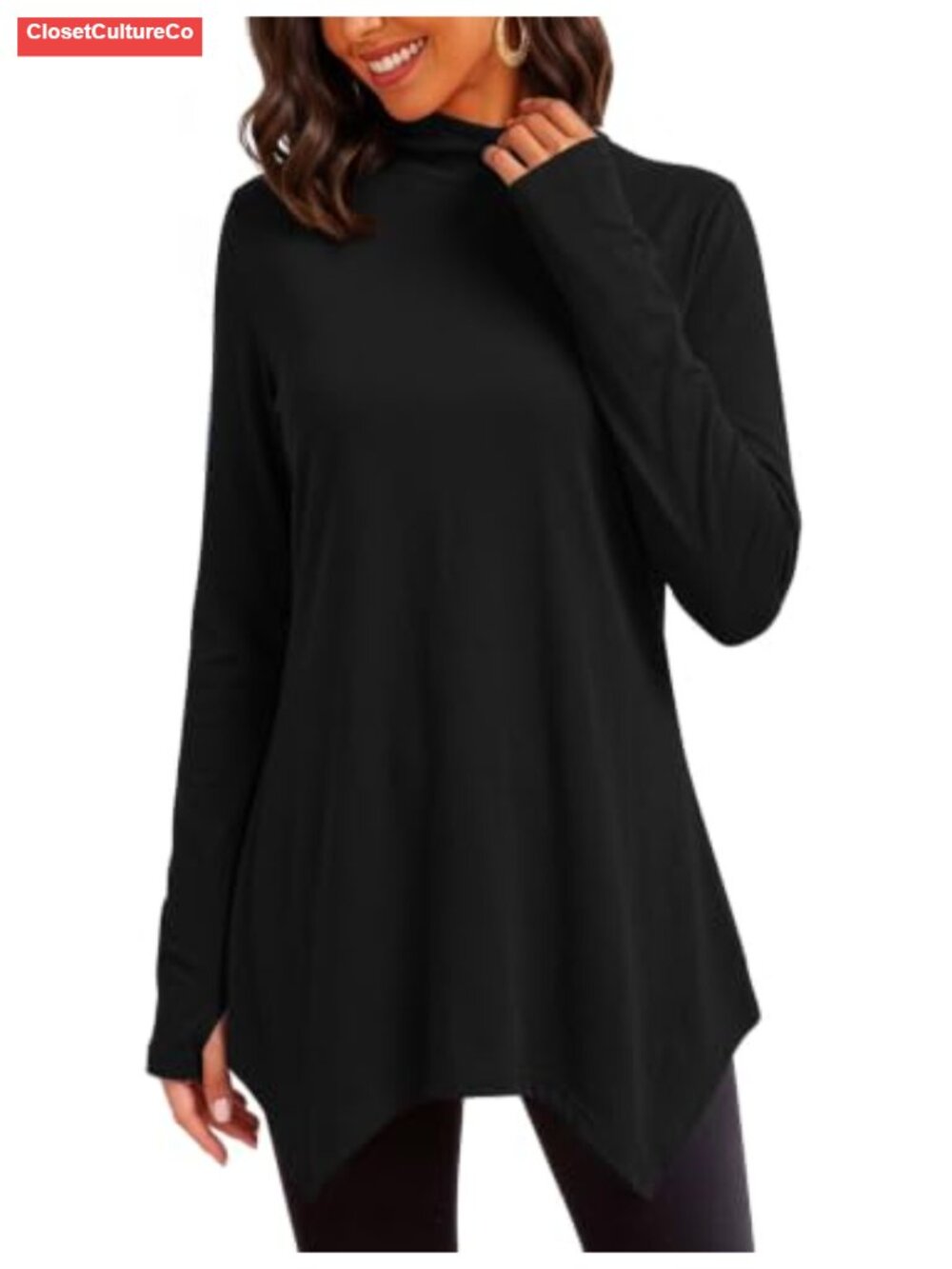 Mock Neck Long Sleeve Tunic Top Thumb Hole Asymmetrical Hem